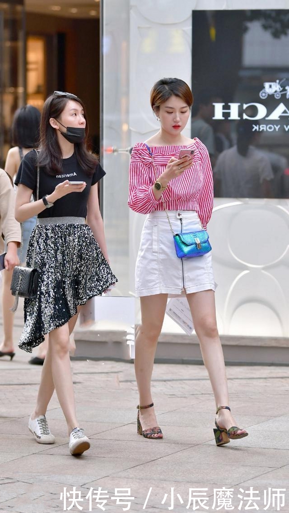 路人街拍,小姐姐穿白色短袖衬衣,看起来时尚感十足