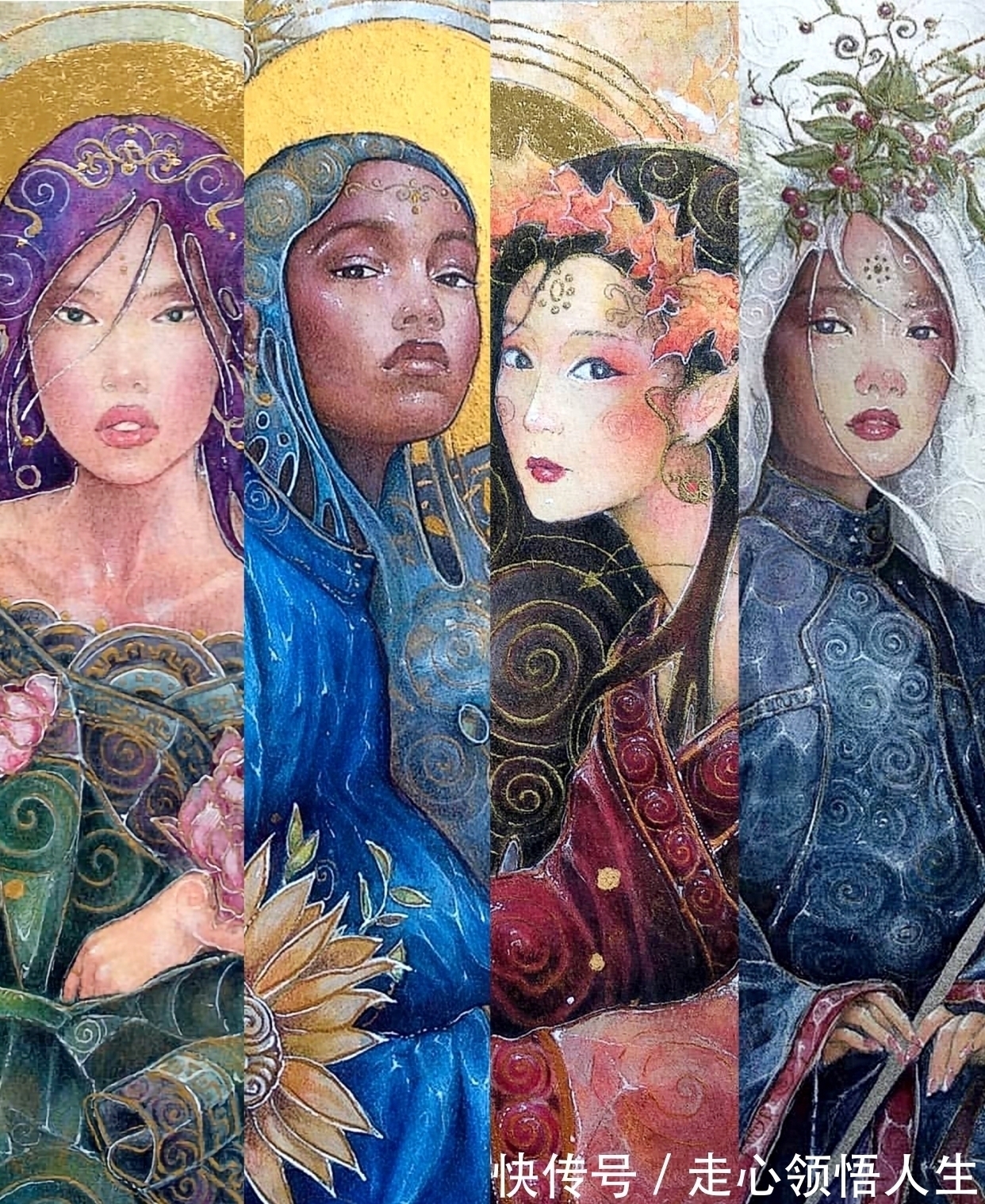 希腊$寂静宇宙中的明眸：色彩与金箔的交融，插画家卡法西斯的神话四季