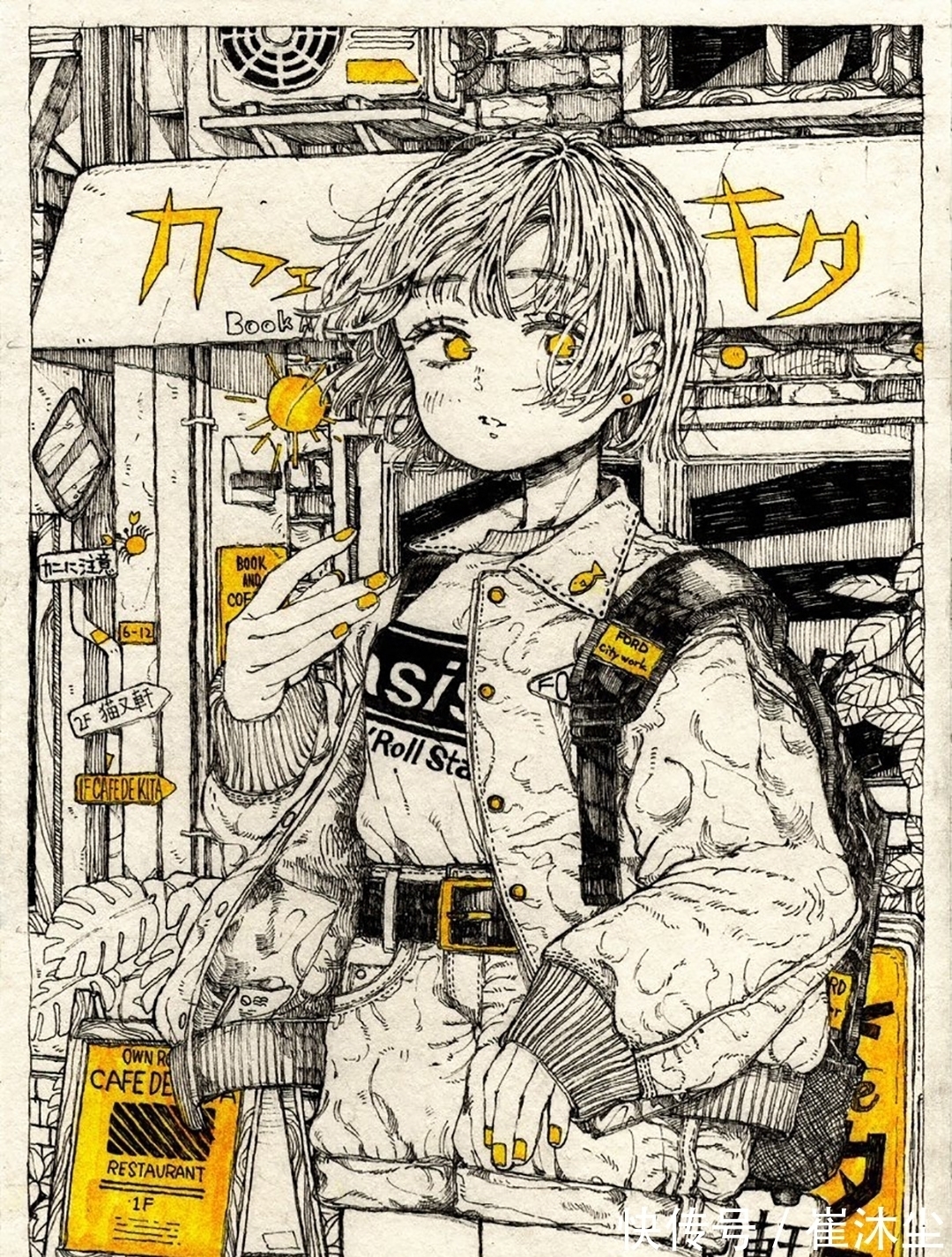 少女插画#线条感极强的少女插画,加一点黄色点缀非常的好看