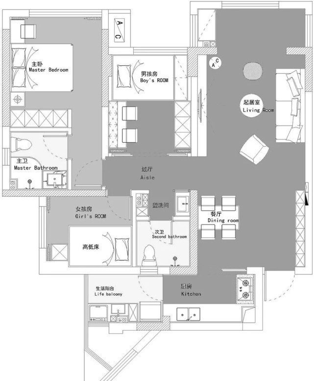 相邻|95平现代风三居室,客餐厅相邻却又错落有秩