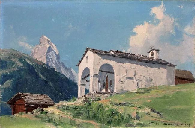 冰雪山脉$查尔斯·亨利·康坦辛(Charles Contencin)冰雪山脉风景绘画