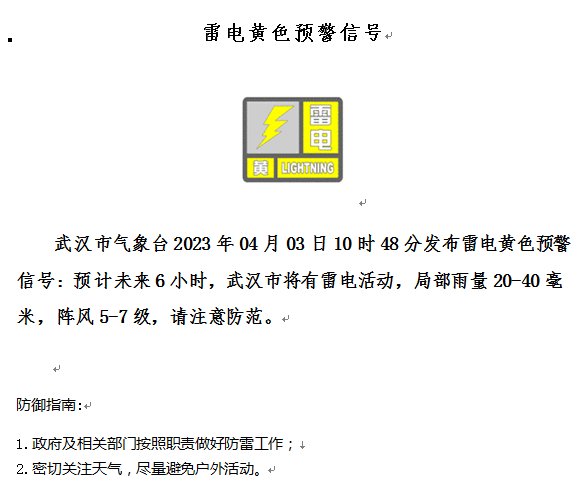 武汉再发雷电预警！这些地方注意防范