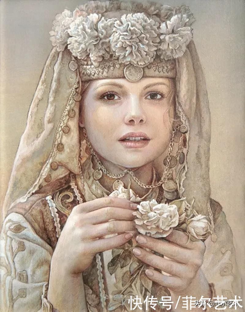 肖像@女画家玛丽亚·伊利耶娃画笔下的美丽多彩的女性肖像和精美的花朵