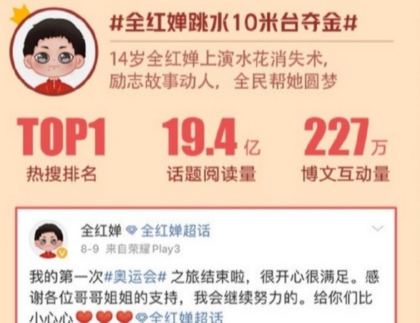 体坛|全红婵再获荣誉！红姐入围体坛巨星热度榜，排名碾压詹姆斯C罗