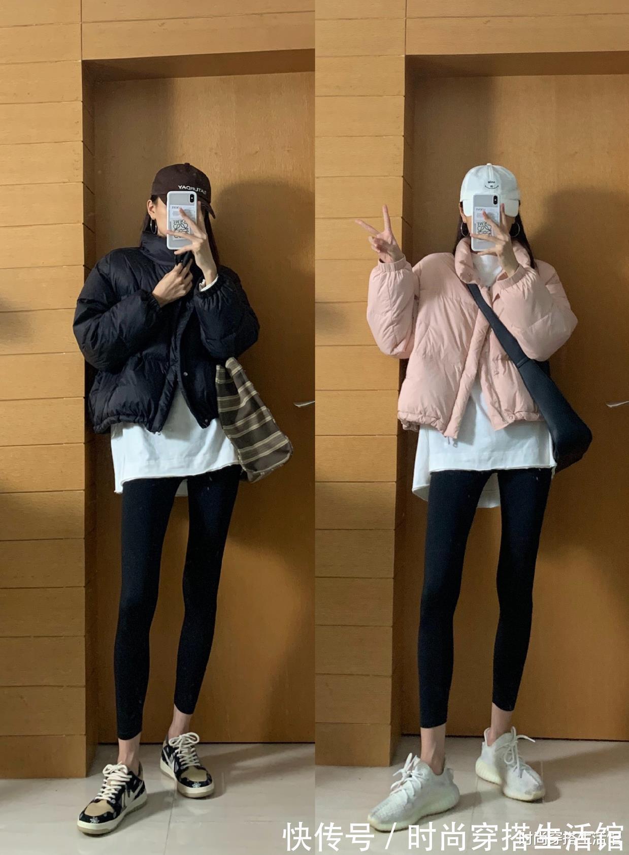 街拍 羽绒服+鲨鱼裤=2021年王炸组合,时髦显瘦又高级,冬天穿很好看?