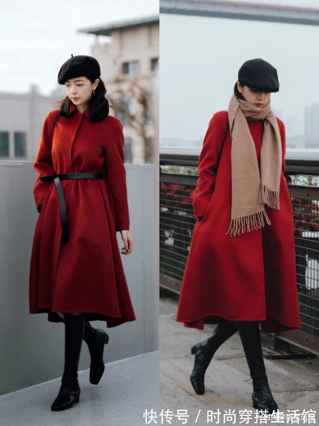 酒红色 小脚裤过时了,过年这样穿:红色外套+半裙,既显年轻又喜庆洋气