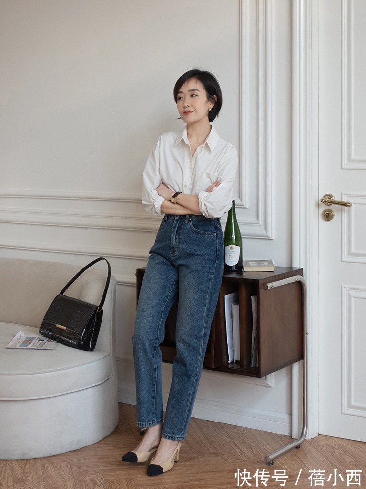 下图 春天还是穿衬衫、针织开衫最优雅,搭配阔腿裤、牛仔裤高级又时髦