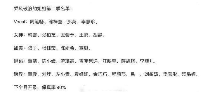 左小青确定参加《浪姐2》,网传名单大概率为真,那英张柏芝在列