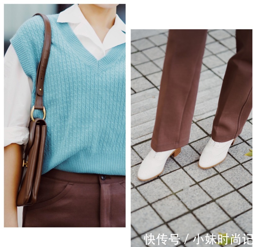 服装搭配|蓝绿色背心白衬衫清新时尚, 搭配棕色长裤有气质!