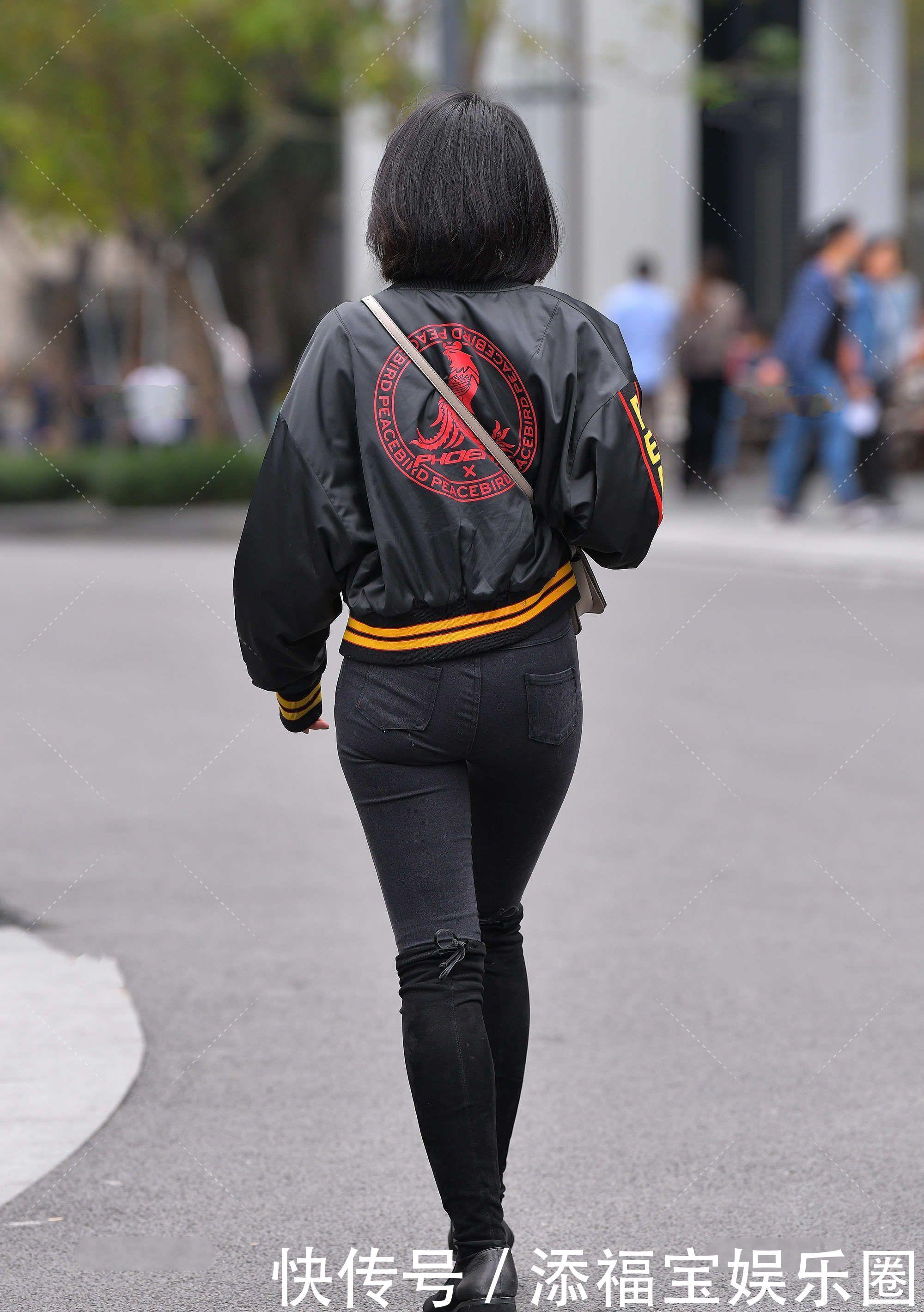 短款夹克衫混搭过膝长筒靴,显腿长