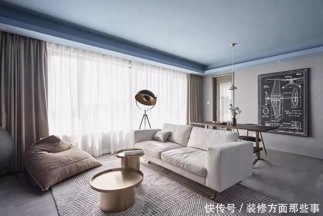 吊顶|108㎡现代三居室，蓝色吊顶，水泥背景墙，时尚有格调的新家