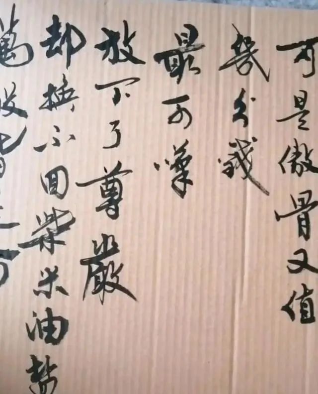 高手&高手在纸壳子上练书法,字迹有“王”韵,兼具“宋”意,融古出新