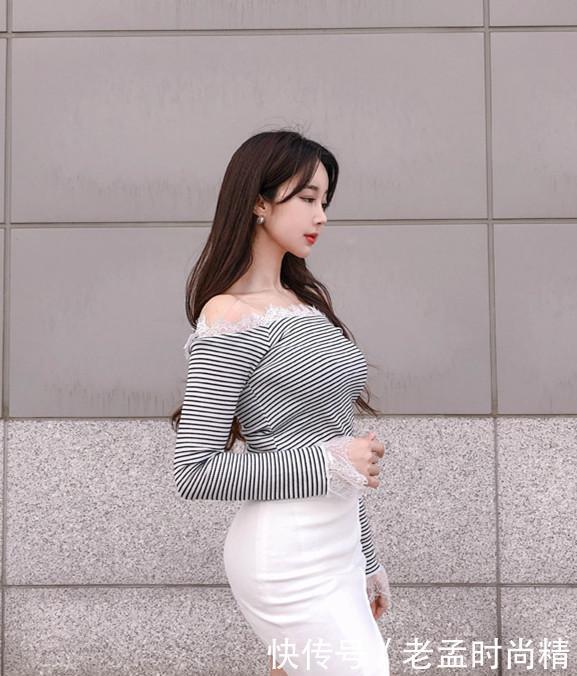 上衣|条纹修身上衣搭配白色短裙, 干净优雅, 清纯灵动