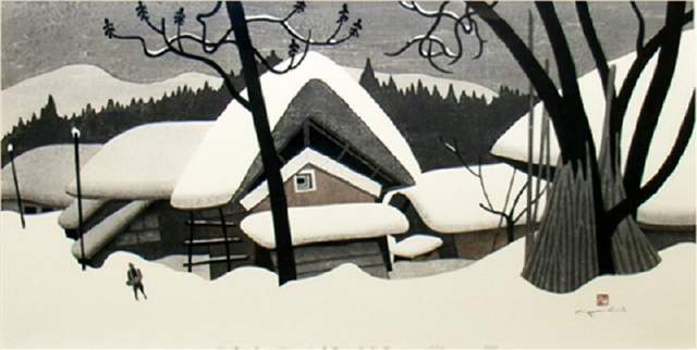版画!日本近代版画大师斋藤清冬日雪景系列版画作品