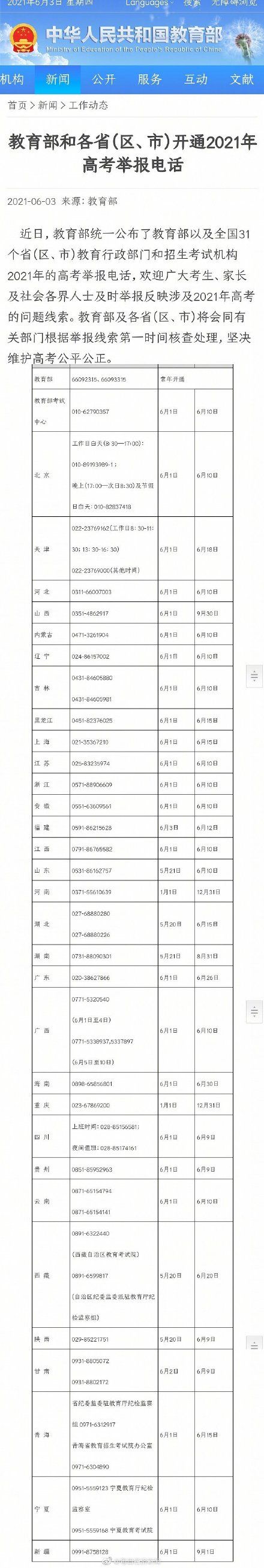 举报电话|教育部和各省区市开通2021年高考举报电话