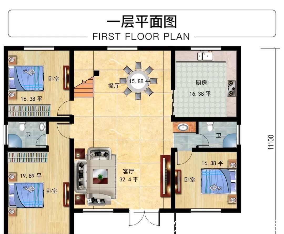 农村|138×111米一层半别墅,4间卧室造价低,大受好评的一款农村别墅