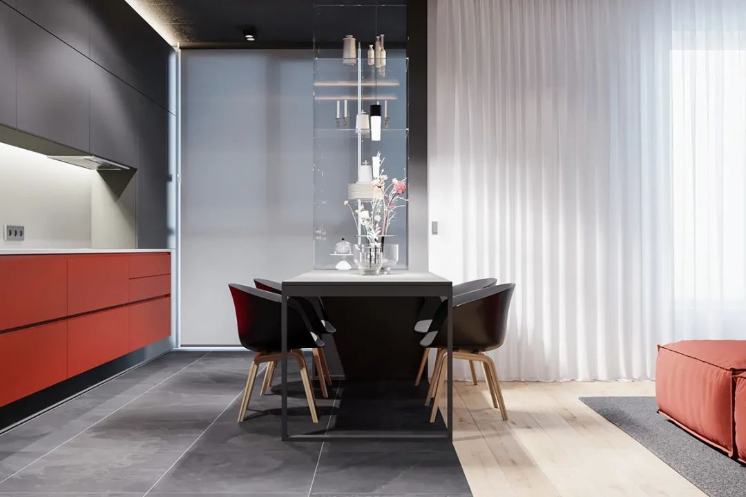 深灰色|88㎡现代极简，高级灰的空间，时尚红的点缀，成熟端庄的设计美