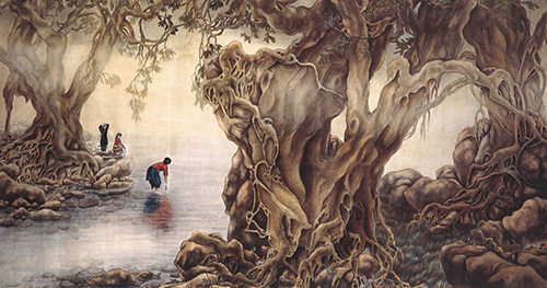 国画$国画《版纳风情》构成了一曲梦幻的南国情调