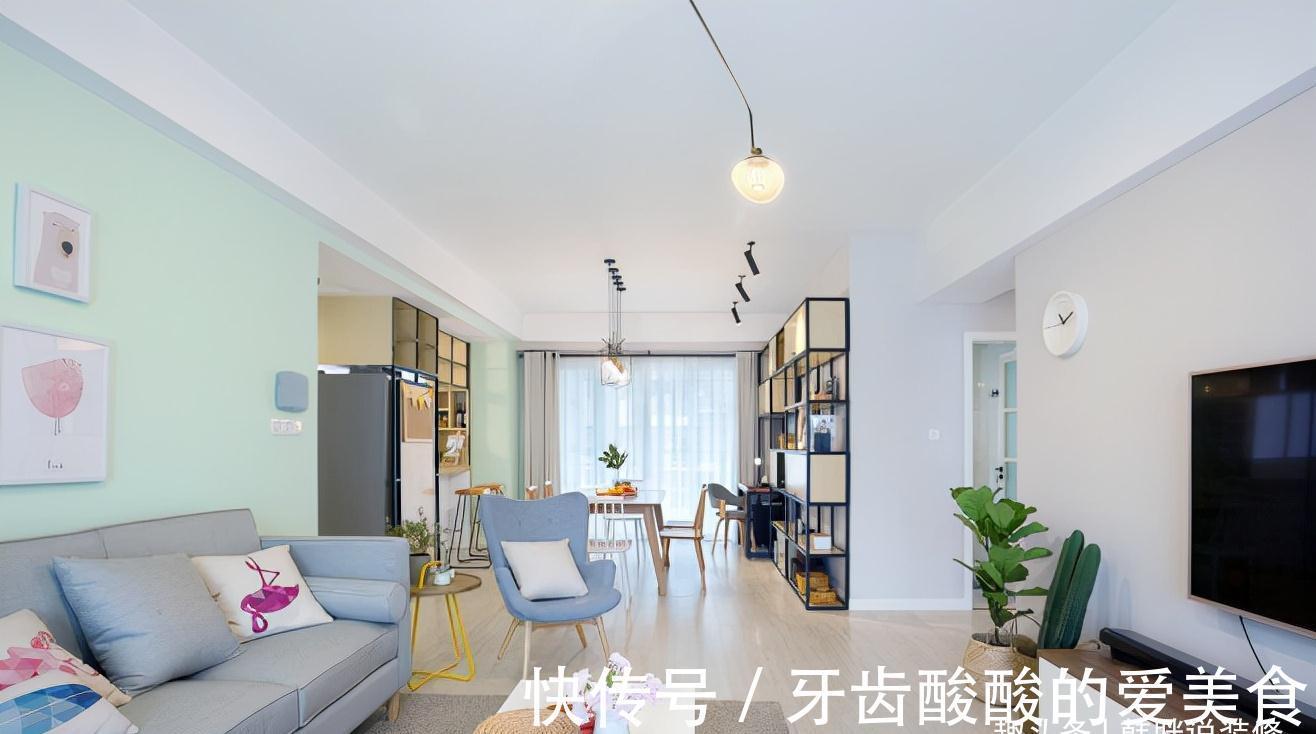 餐边柜|120㎡极简新房,清亮的薄荷绿墙面,吧台和餐边柜是最大亮点