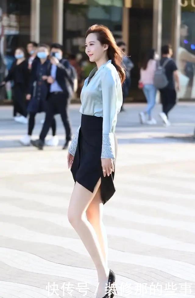v领|V领衬衫搭配黑色半身裙，干练优雅又时尚，妥妥的职场女神