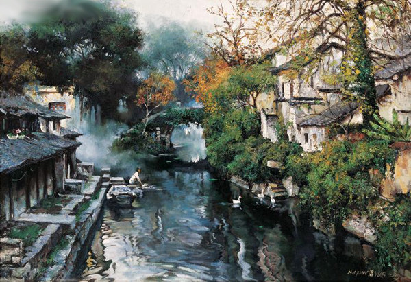 江南水乡#潘鸿海油画中的江南水乡,太有诗意了!