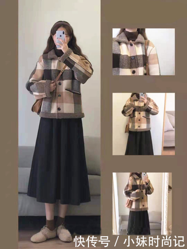 深色系演绎的甜美范儿,很有冬日韩系穿搭韵味,温暖还不臃肿