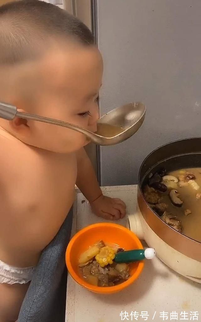 小菜鸟|妈妈做的排骨汤太美味,宝宝深夜去偷吃,动作很熟练,妈妈很无语