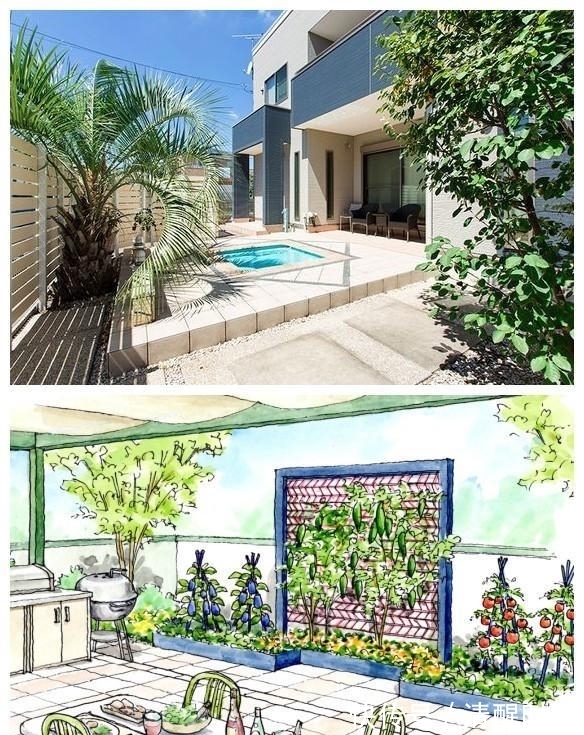 青石板|院子通铺水泥地过时了,甲板+草坪+沙地混铺,简单几种材料就很美