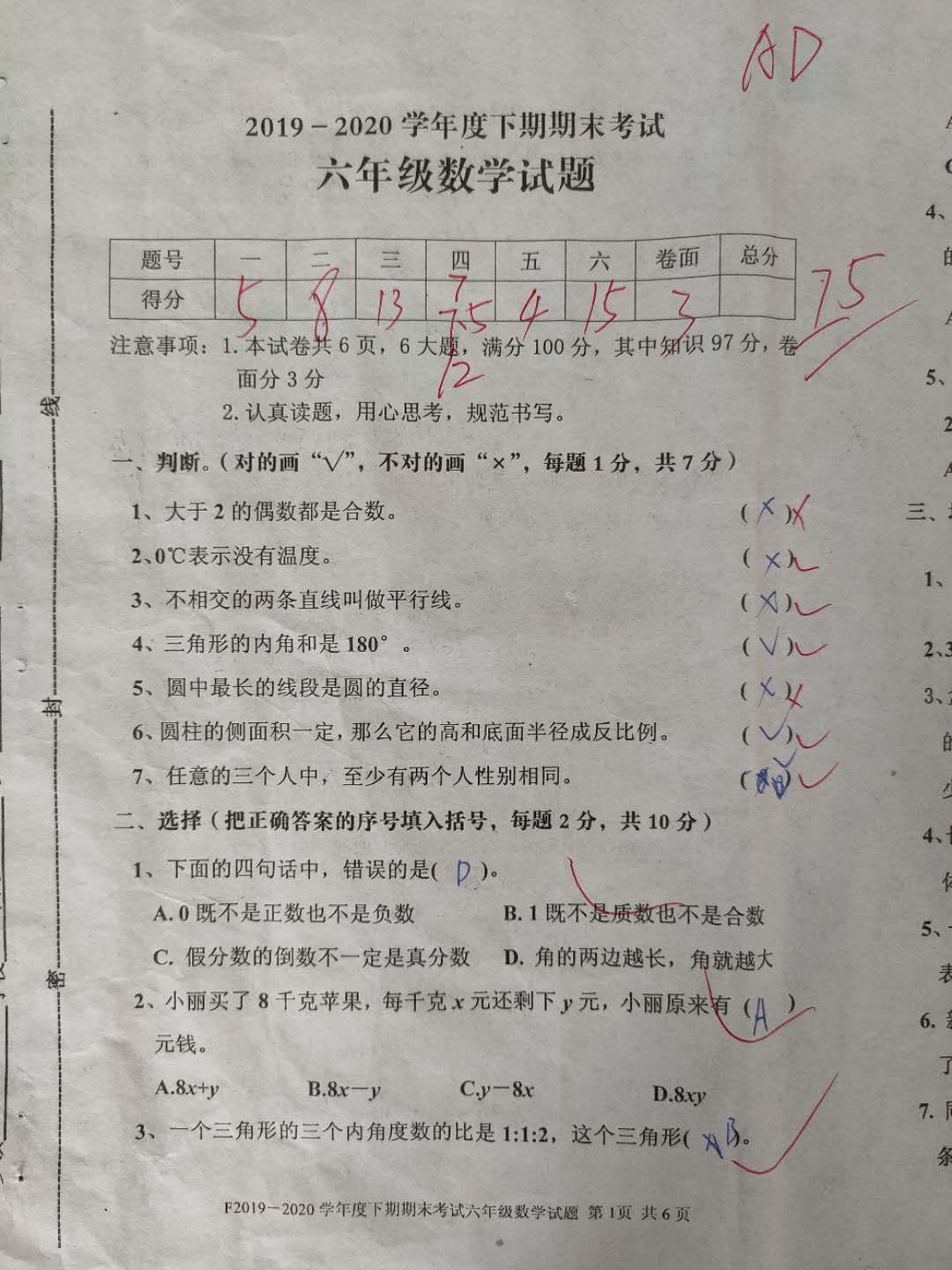 老师|六年级数学，期末考试75分，学生错题太多，老师尽力了