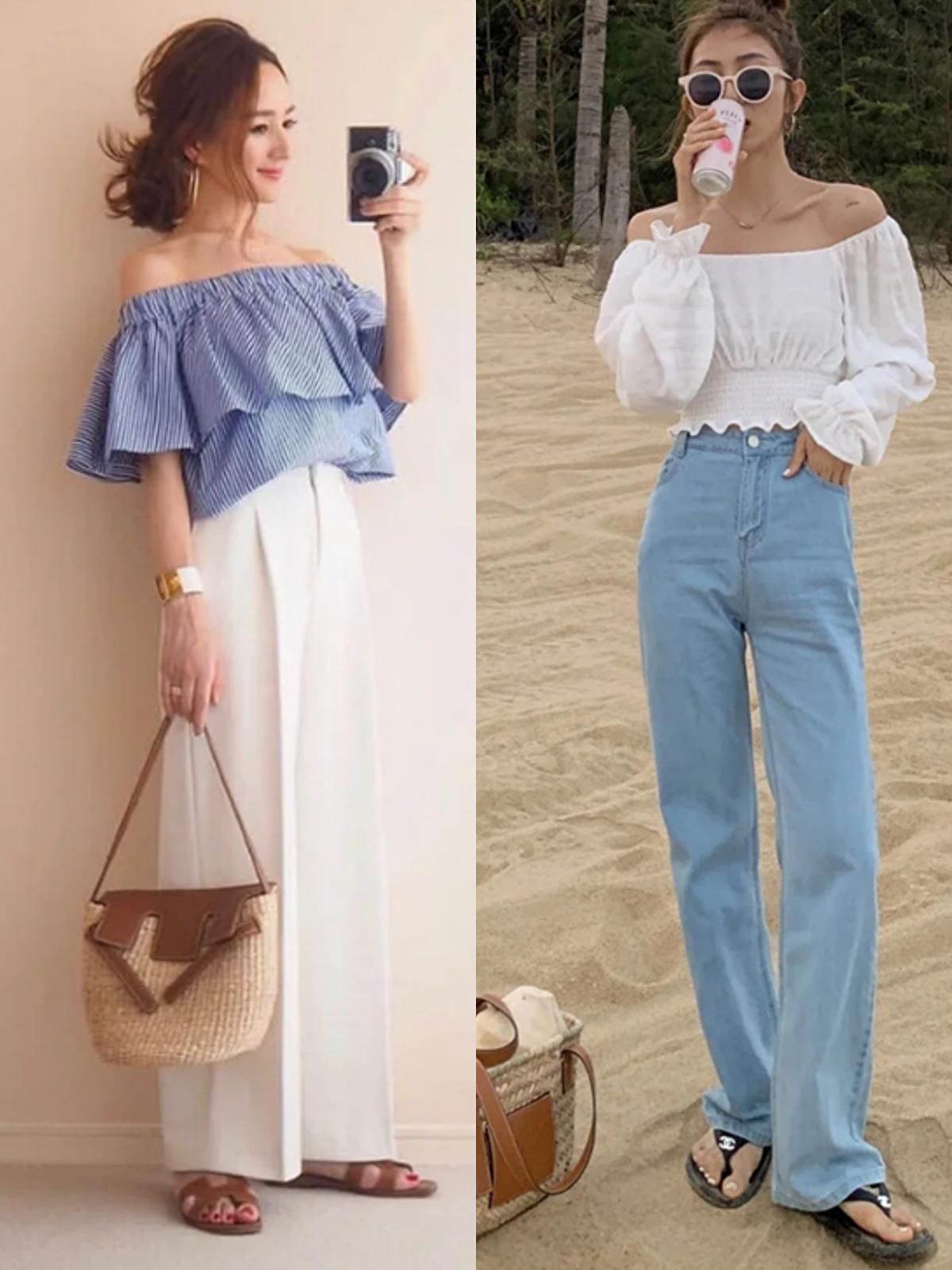 高腰|赶时髦的女人别总穿T恤，“一字肩”单品正流行，时尚性感还显瘦