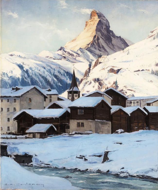 冰雪山脉$查尔斯·亨利·康坦辛(Charles Contencin)冰雪山脉风景绘画