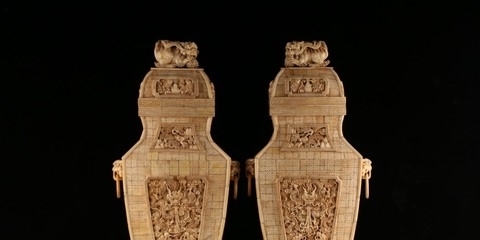 下腹部#收藏精品,牙雕麒麟龙纹大赏瓶一对