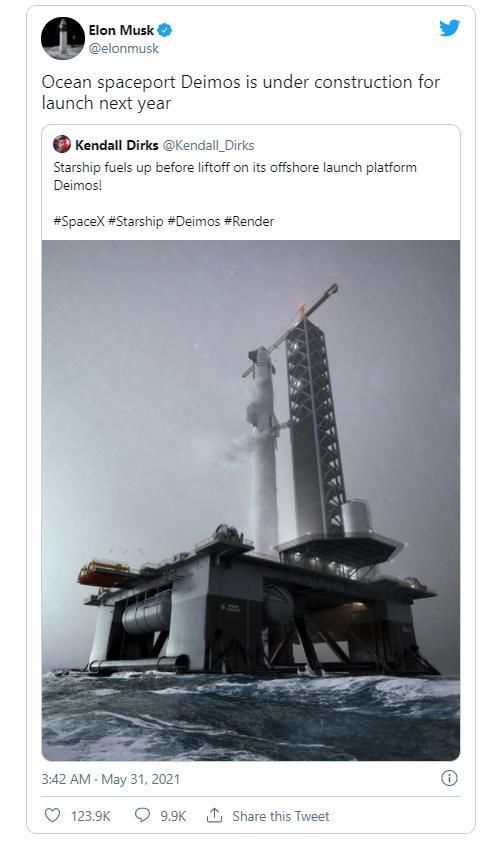 deimos SpaceX正在海洋中建造发射平台 最快2022年建成