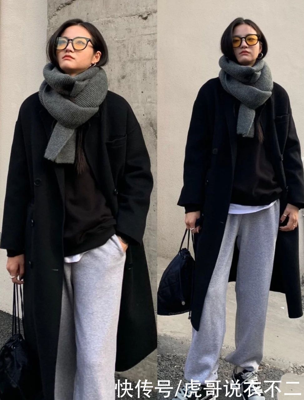 博主 大衣在配不在多,学韩国博主一衣多穿,一件黑大衣一周穿搭不重复