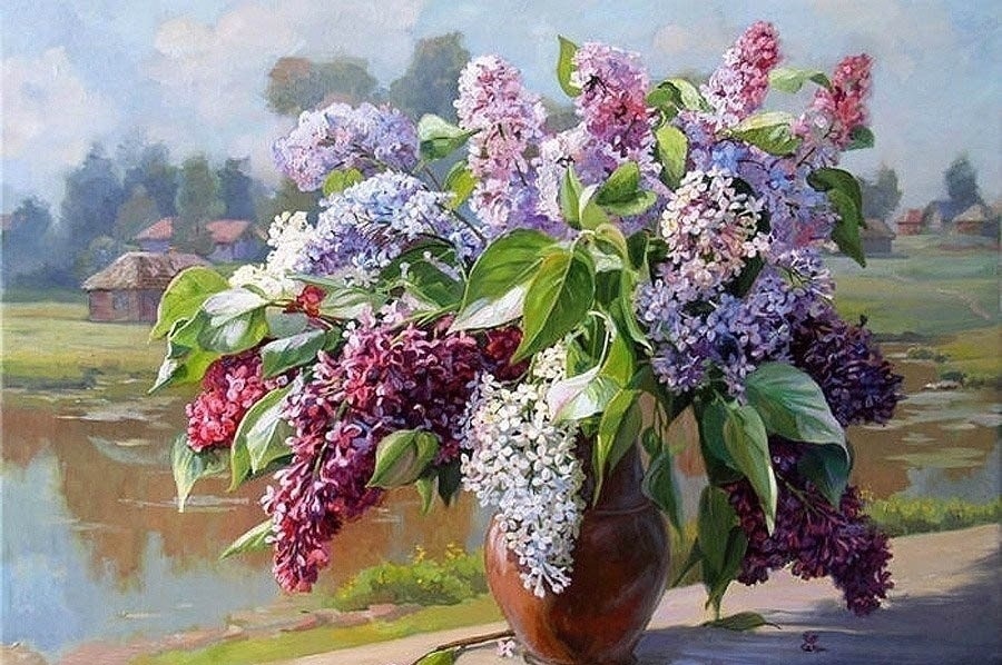 鉴赏#这组丁香花画的很漂亮，俄罗斯艺术家油画静物花卉作品鉴赏