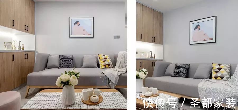 婚房|客餐厅一体+L型厨房设计,小户型婚房装修模板,温馨又甜蜜