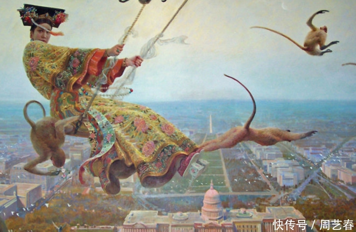老佛爷|晚清老佛爷慈禧太后的油画像:慈禧年轻貌美,坐在秋千上笑!