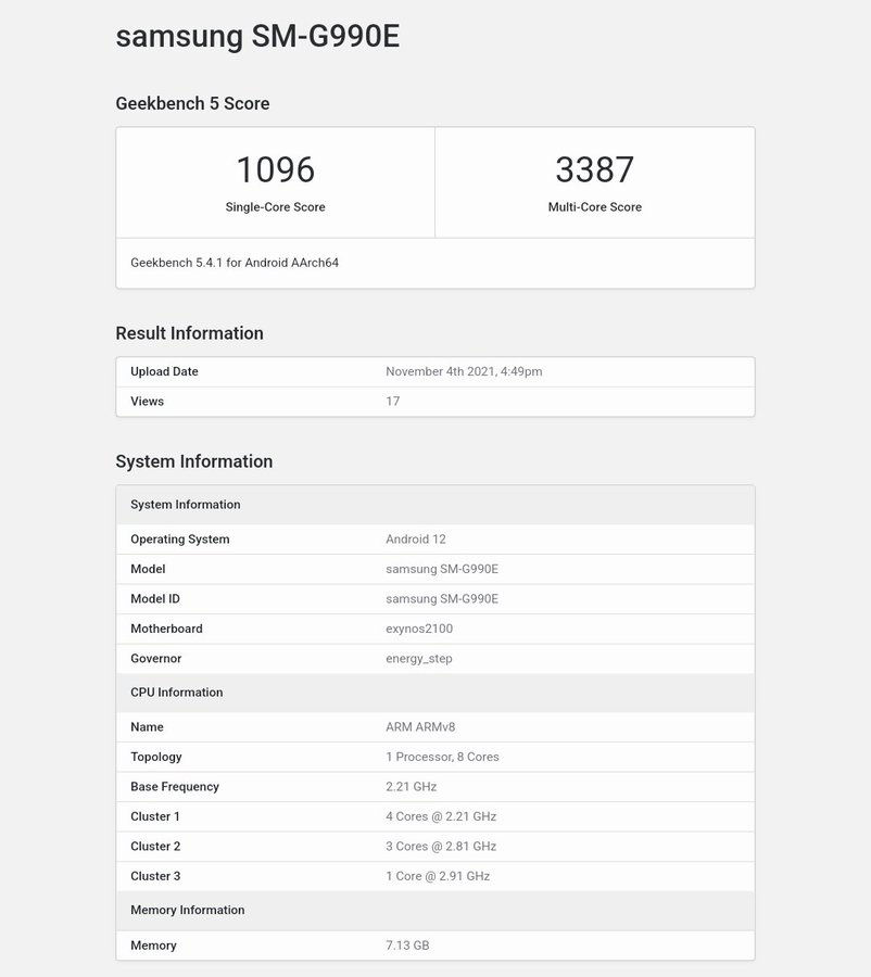 Geekbench|三星 Galaxy S21 FE 现身 Geekbench：搭载 Exynos 2100