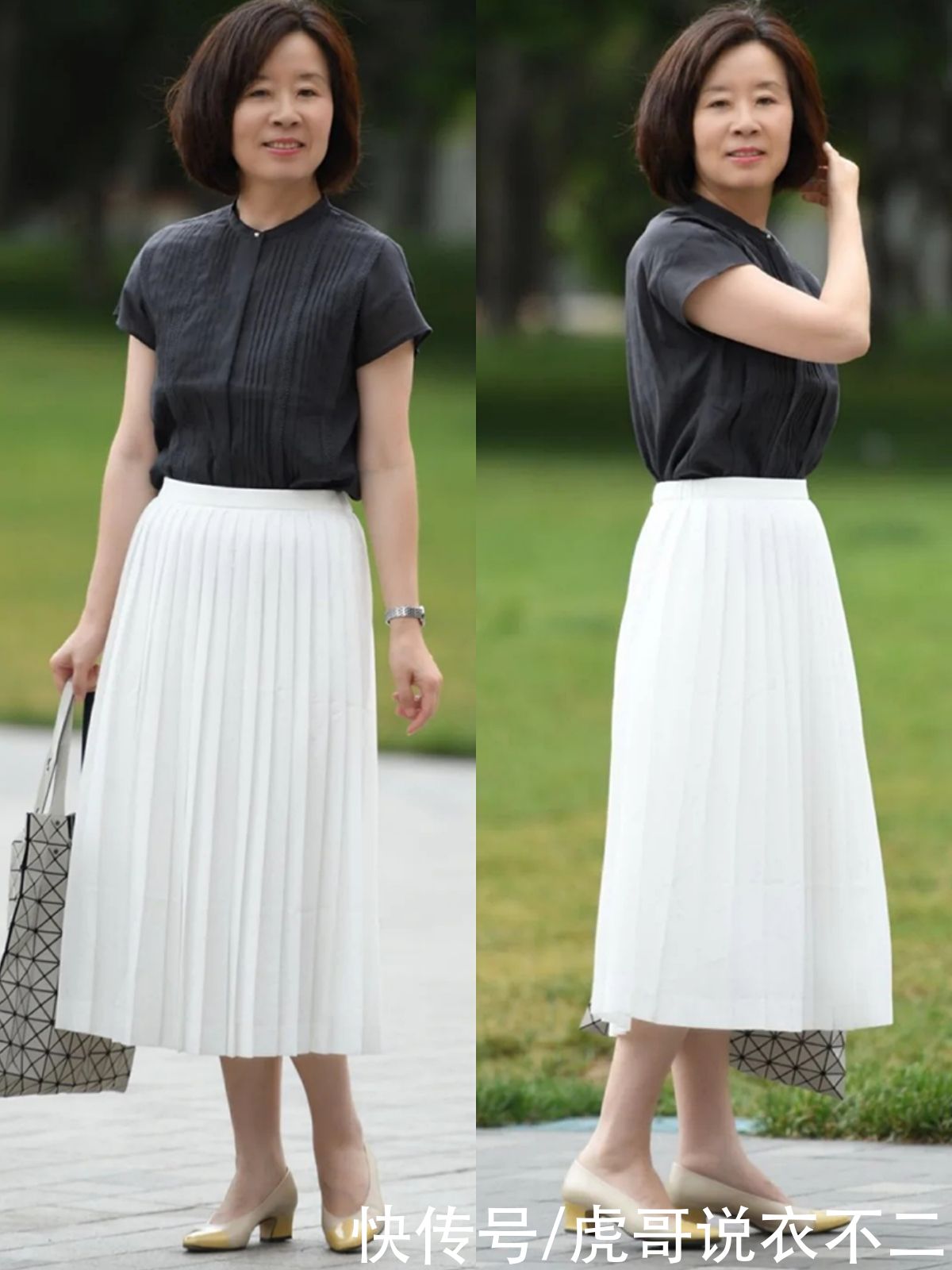 白色|60岁姐姐别总穿小白裤，夏季“白色半裙”学她这么搭，年轻十几岁