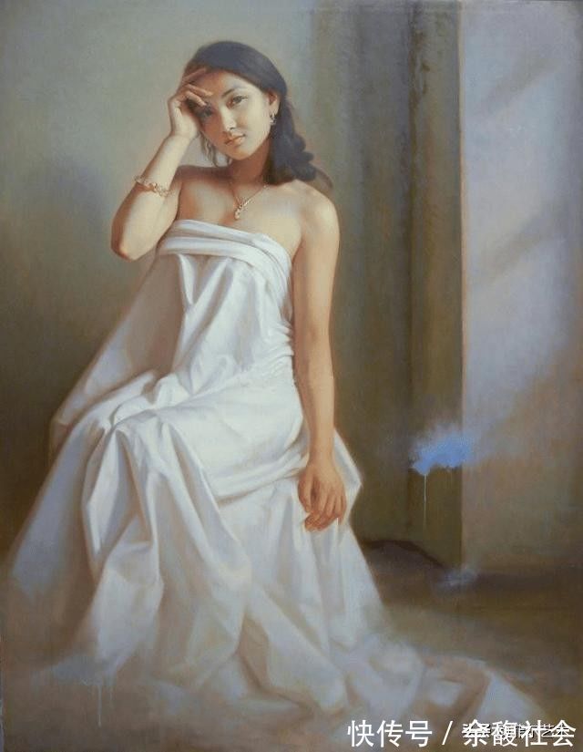 油画#年轻画家人体油画中的美艳少妇,身披薄纱,难掩玲珑曲线