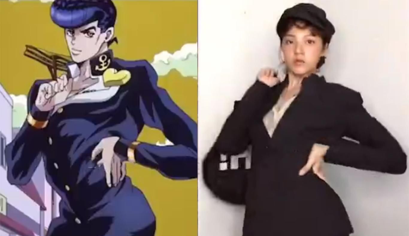 小姐姐|小姐姐模仿高难度JOJO立,奇怪的姿势增加了,拍照再也不怕没Pose