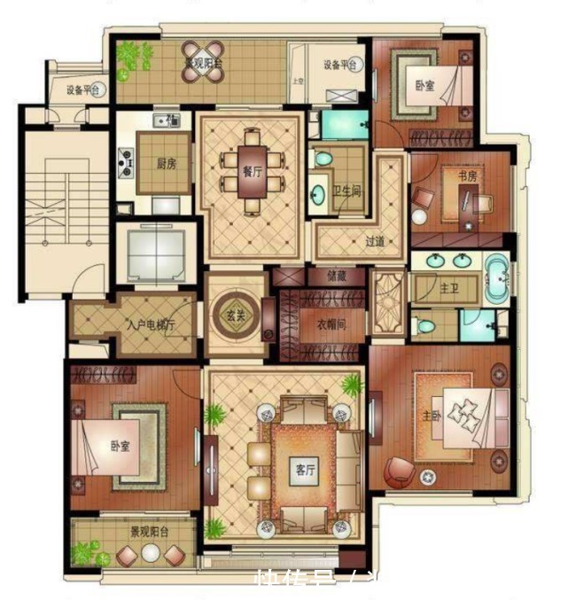 客厅|155平美式风三居室客厅望向餐厅整体红色调,让人感觉无比温馨