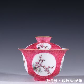 茶碗！胭脂红釉开窗“梅兰竹菊”茶碗一对