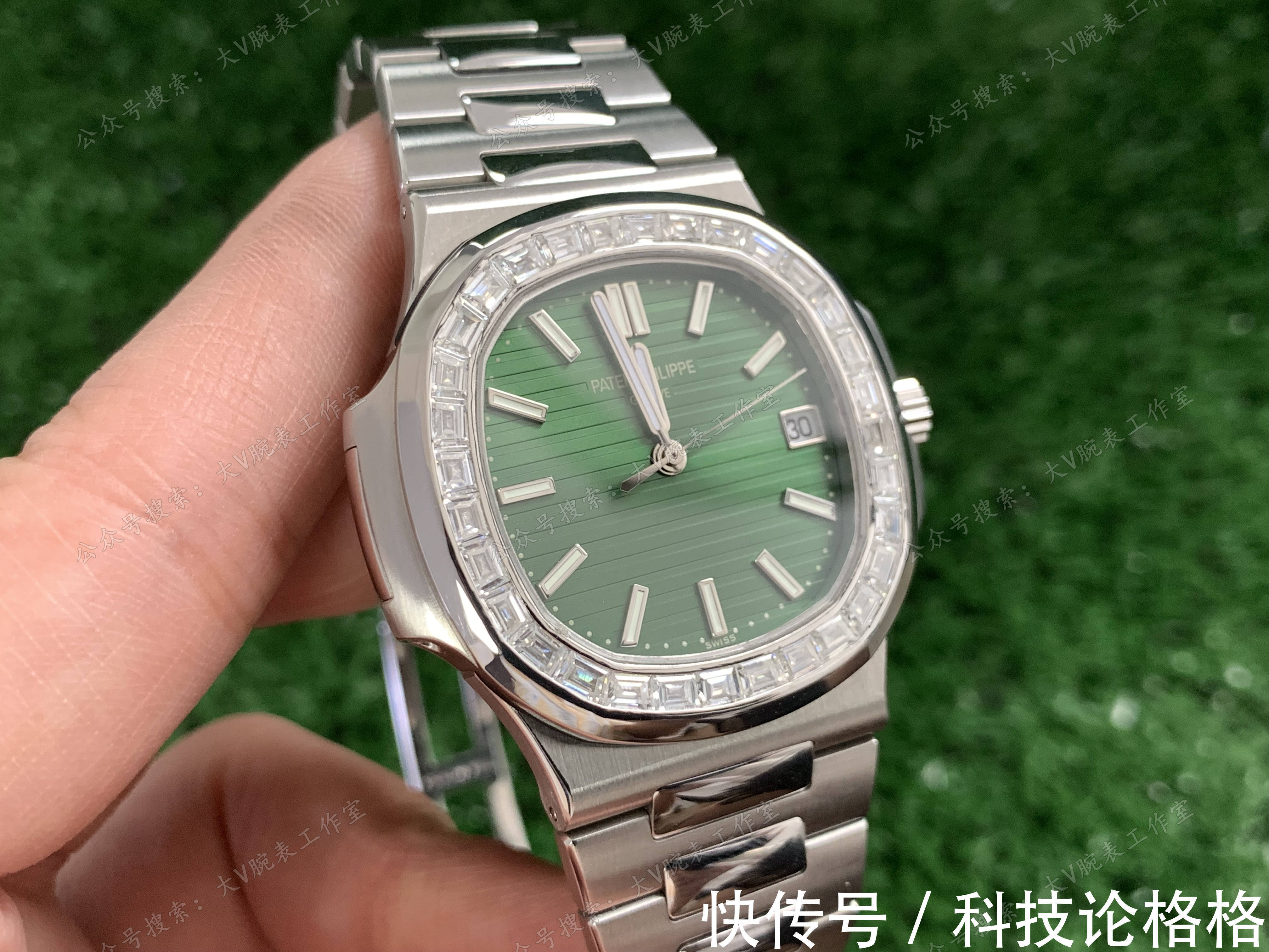 镶钻 橄榄绿色盘面鹦鹉螺改装后镶钻圈口,鹦鹉螺5711绿面无损改装后镶钻腕表!