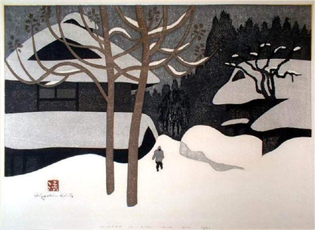 版画!日本近代版画大师斋藤清冬日雪景系列版画作品
