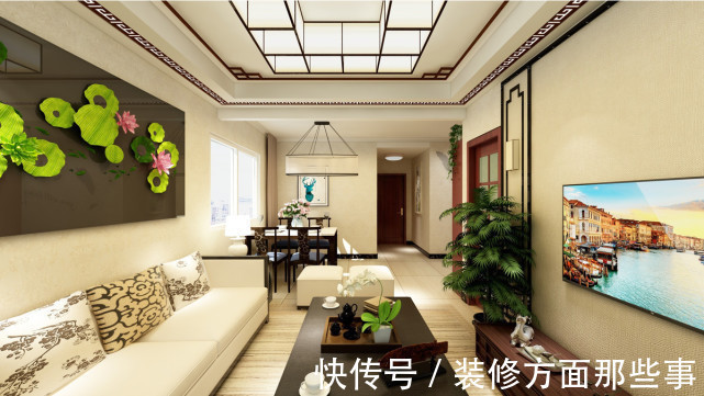 对称|89平新中式三居室,客厅的背景墙有种身处荷塘的感觉