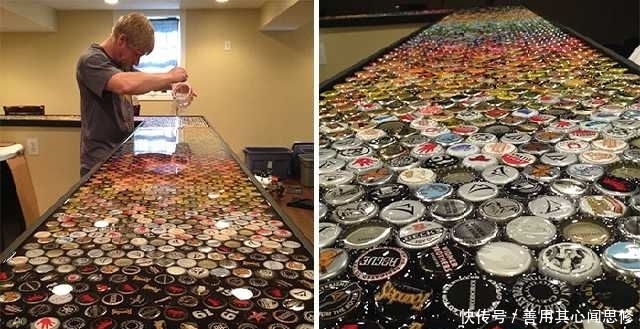 制作|直击男子五年攒下2530个瓶盖,制作了一个别致的吧台