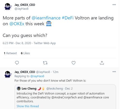 YFI|OKEx CEO：本周OKEx将会上线更多YFI旗下的DeFi Voltron产品