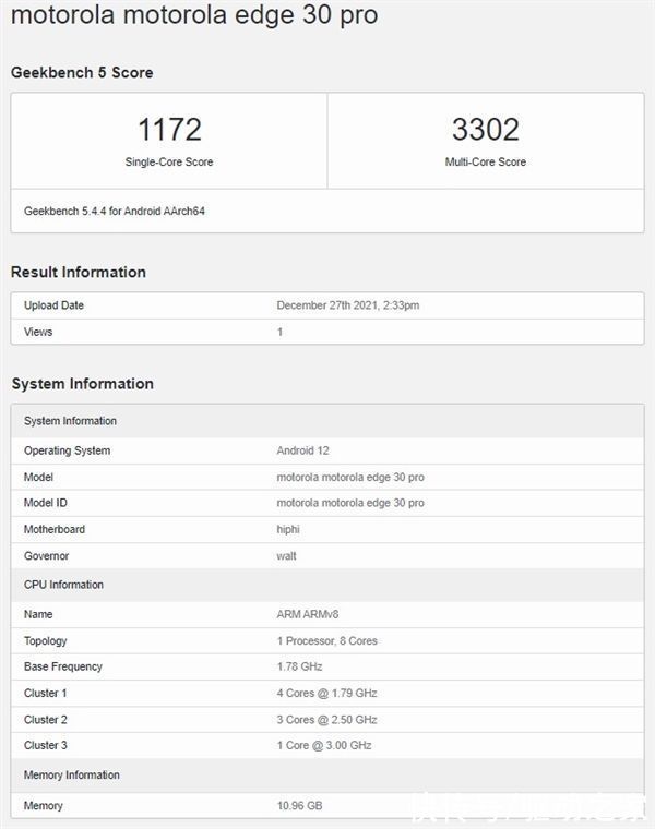 geekbench|抢先小米12 Ultra！摩托罗拉edge 30 Pro曝光：首款超大杯骁龙8