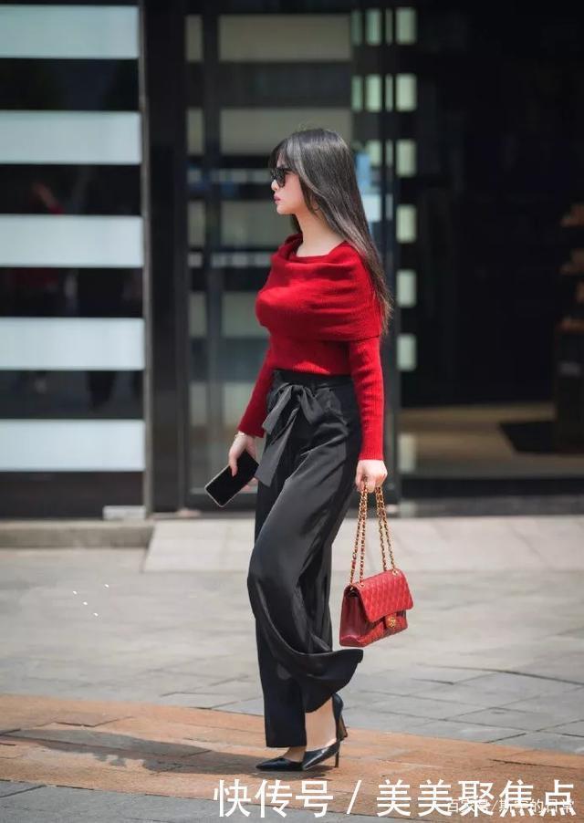 精致|小姐姐优雅迷人,穿红色上衣配黑色休闲裤,精致感十足